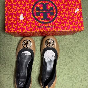 Tory Burch Camel Ballet Flats with Logo